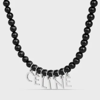 CELINE Monochroms Onyx ve Pirinçten Yapılmış, Rodyum Kaplamalı Boncuklu Kolye