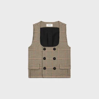 Houndstooth Yünlü Çift Düğmeli Yelek