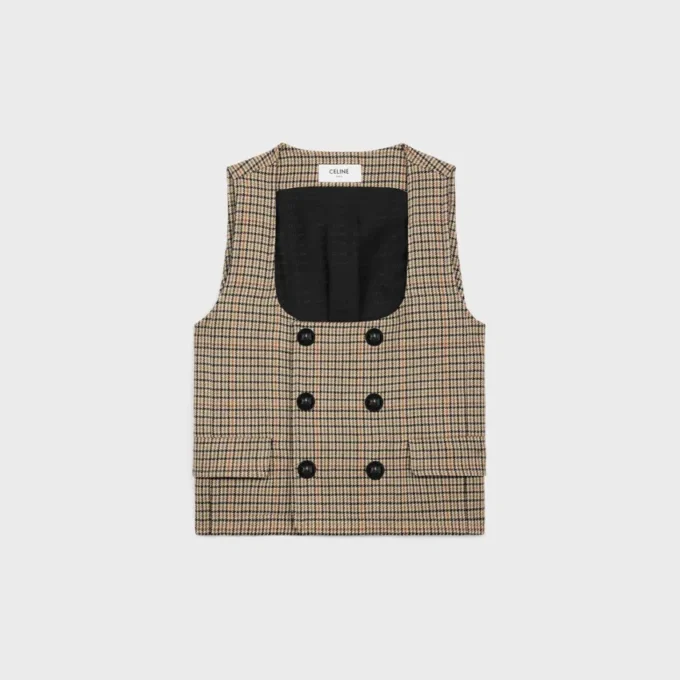 Houndstooth Yünlü Çift Düğmeli Yelek