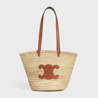 Orta Boy CELINE Classic Panier, Palmiye Yaprakları ve Dana Derisi