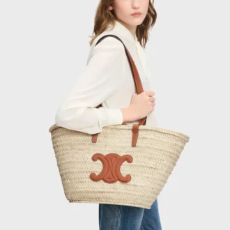 Orta Boy CELINE Classic Panier, Palmiye Yaprakları ve Dana Derisi